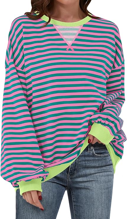 Women Striped Oversized Sweatshirt Long Sleeve Crewneck Hoodies Shirts 2024 Fall Pullover Top Trendy Preppy Clothes