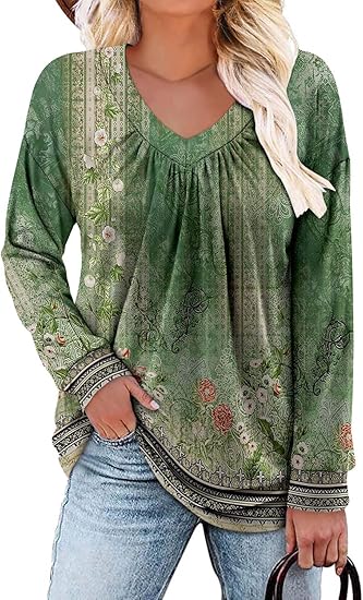 Women's Blouses with Long Sleeves V Neck Loose Fit Casual Pullover Tunic Tops