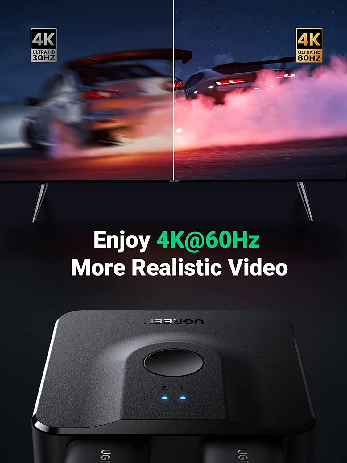 UGREEN HDMI Switch 4K@60Hz with 3.3FT HDMI Cable