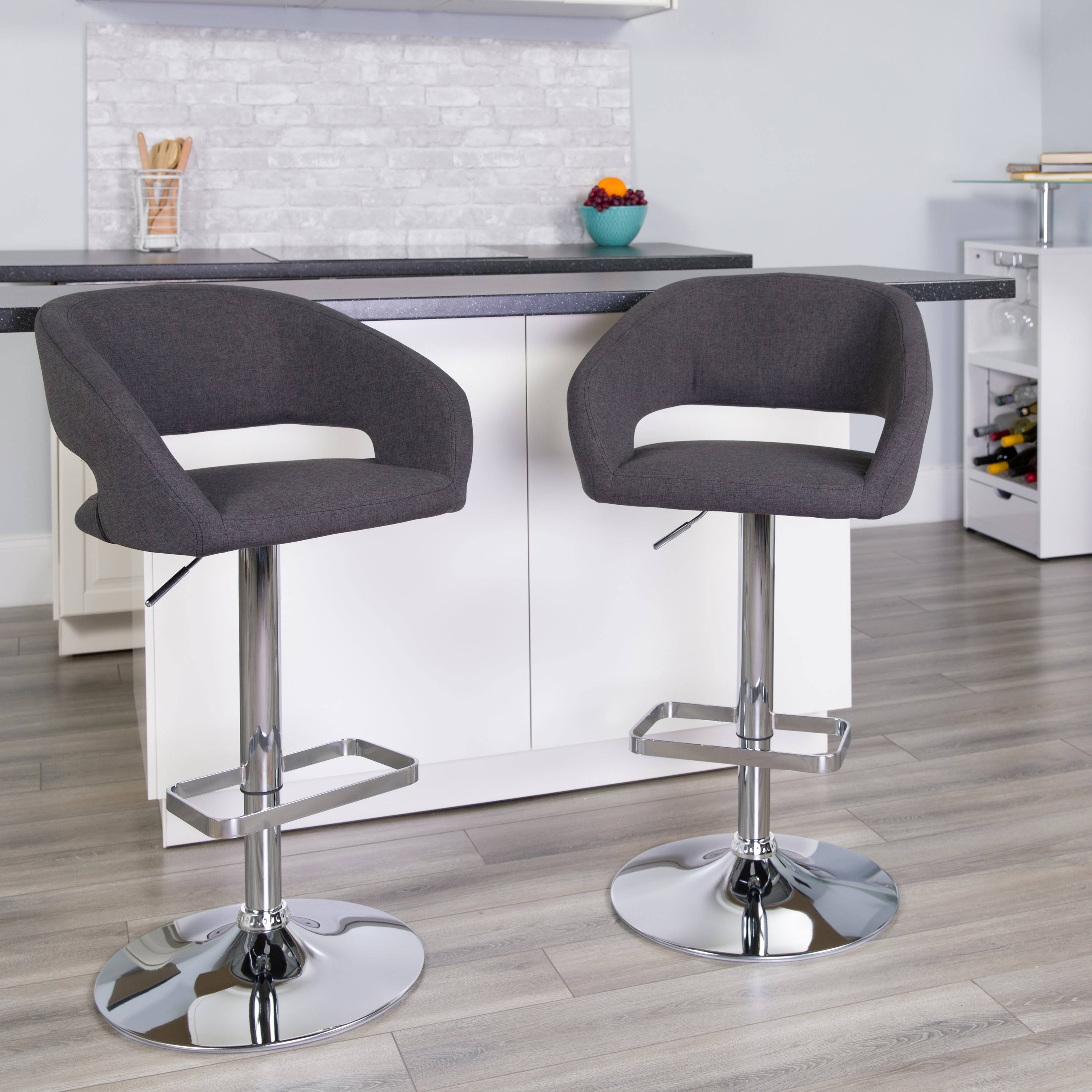 Vinyl Adjustable Height Bar Stool with Rounded MidBack Black Fabric