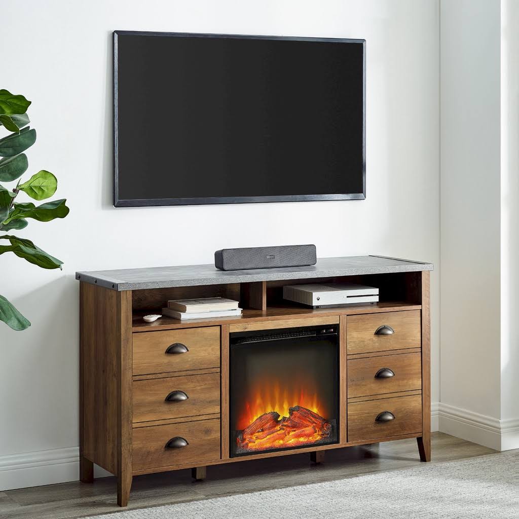 Manor Park Farmhouse 2 Door Electric Fireplace TV Stand, Dark Concrete