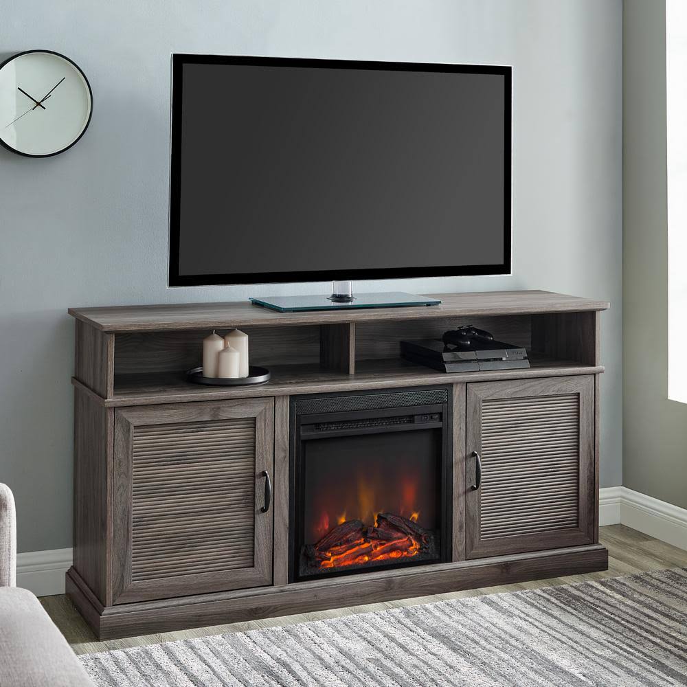 Welwick Designs 60 in. Slate Grey Wood and Metal Fluted Door TV Stand