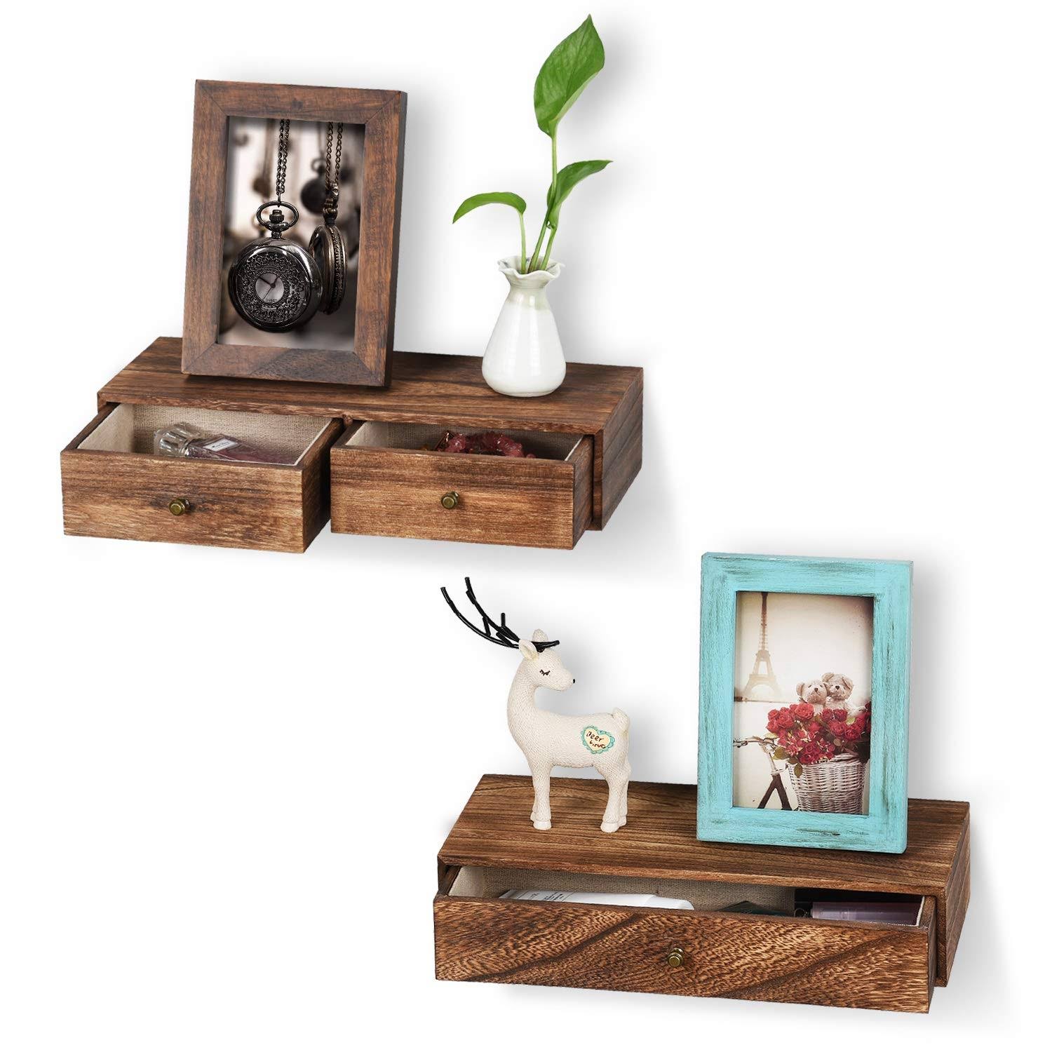 🔥Emfogo Floating Shelf with Drawer Rustic Wood Wall Shelves for Storage and Displ CT03s