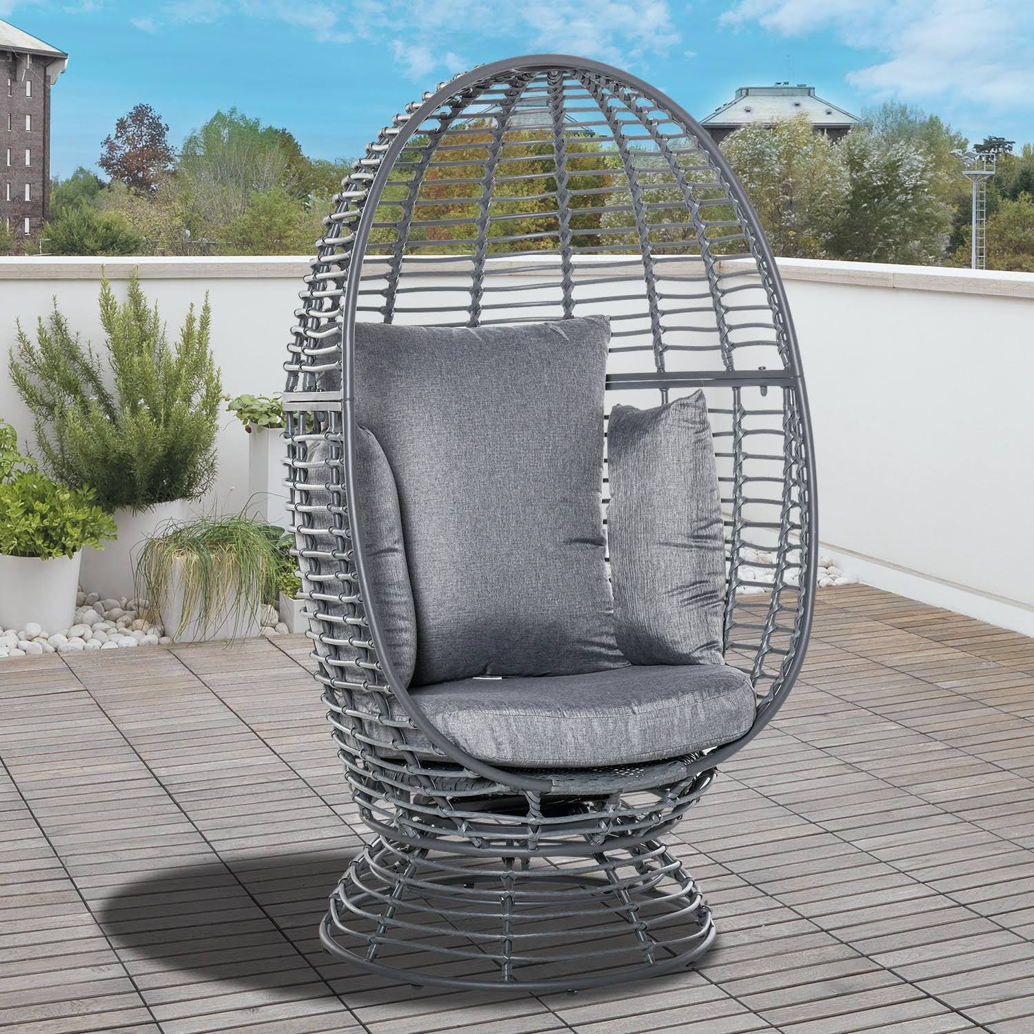 🔥Outsunny Outdoor Rattan Wicker Swivel Egg Chair with Cushion Grey