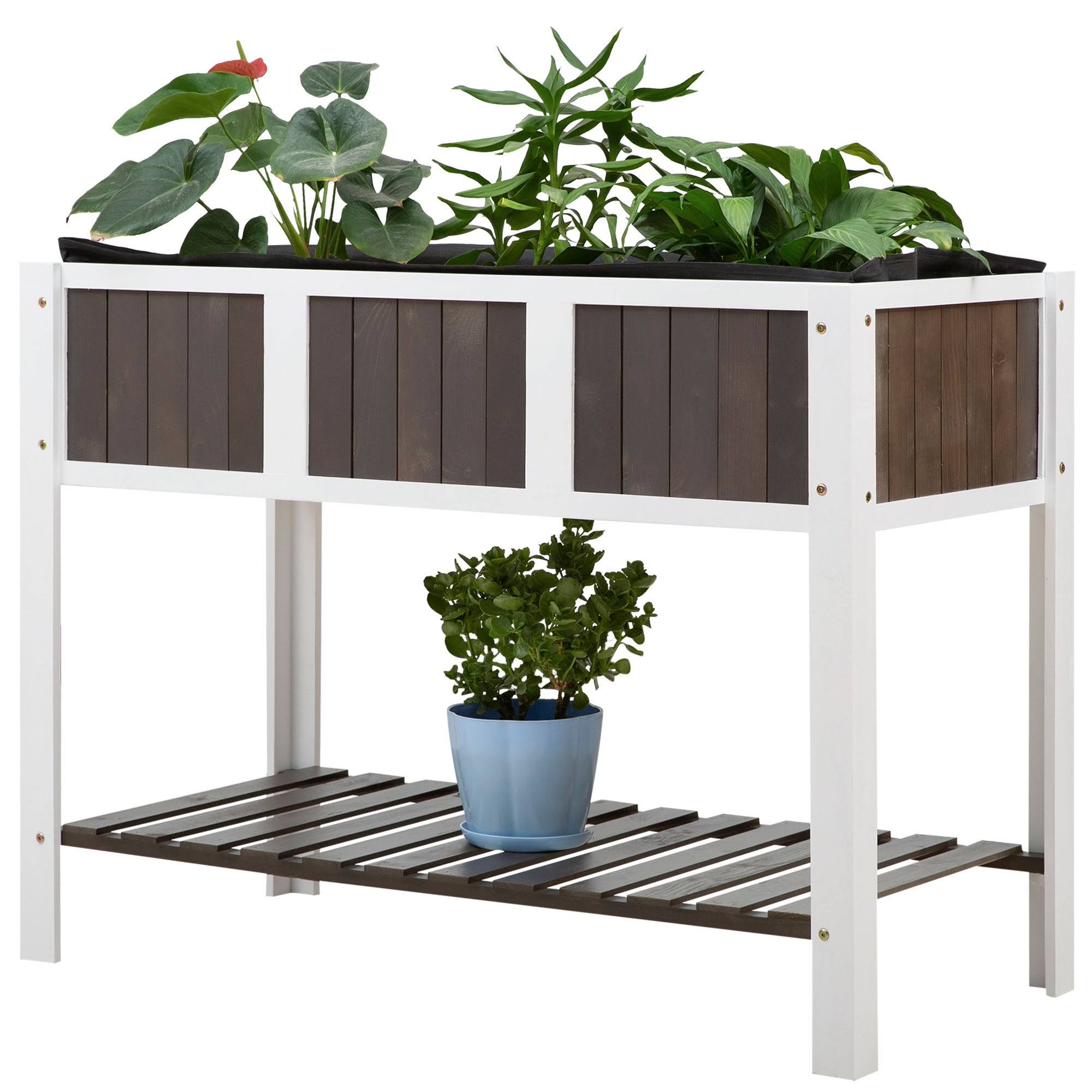 🔥Outsunny Wooden Planter Raised Elevated Garden Bed with Shelf Outdoor ...