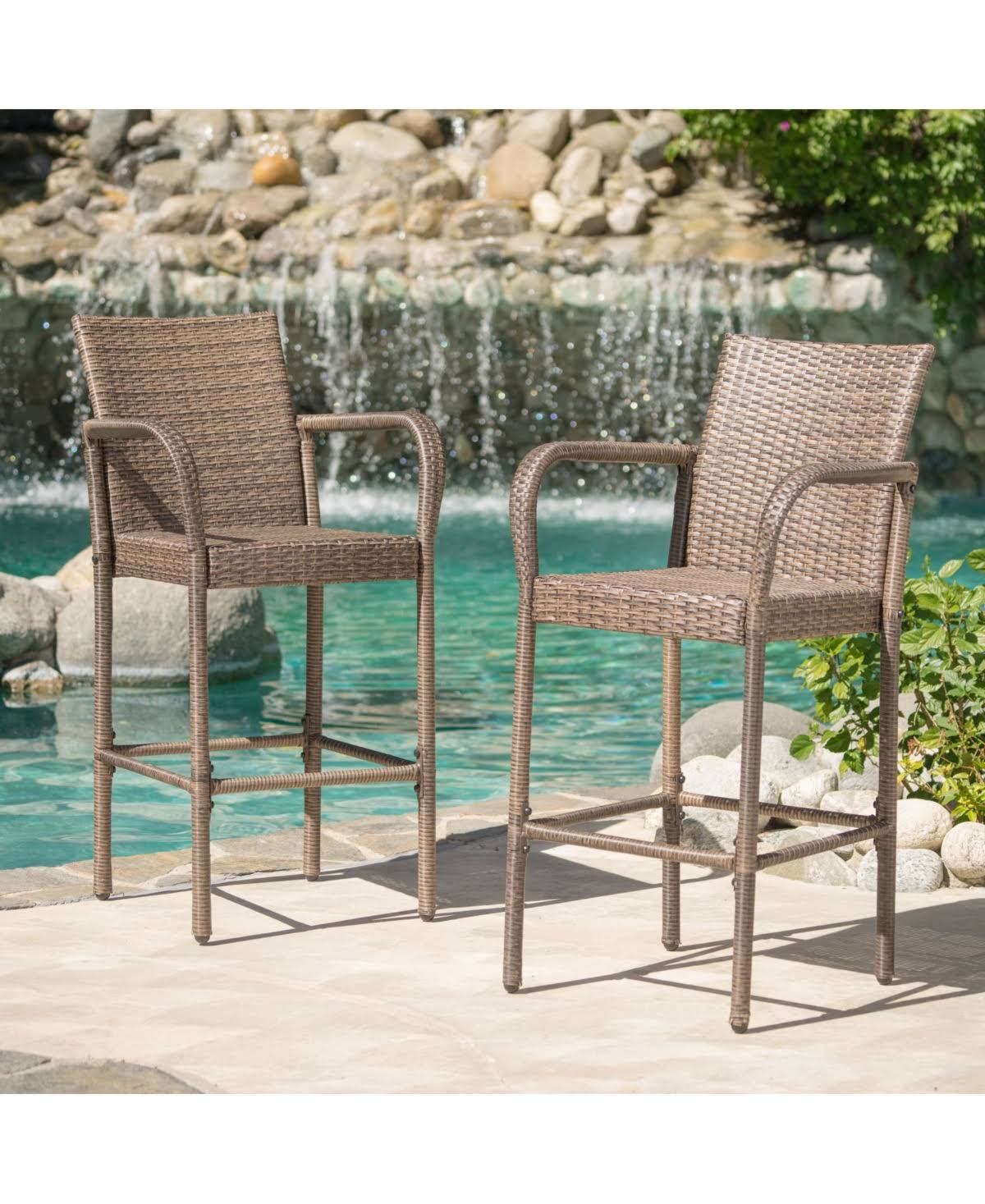 Noble House Delfina Outdoor Mix Mocha Wicker Barstool (Set of 2) CT03s