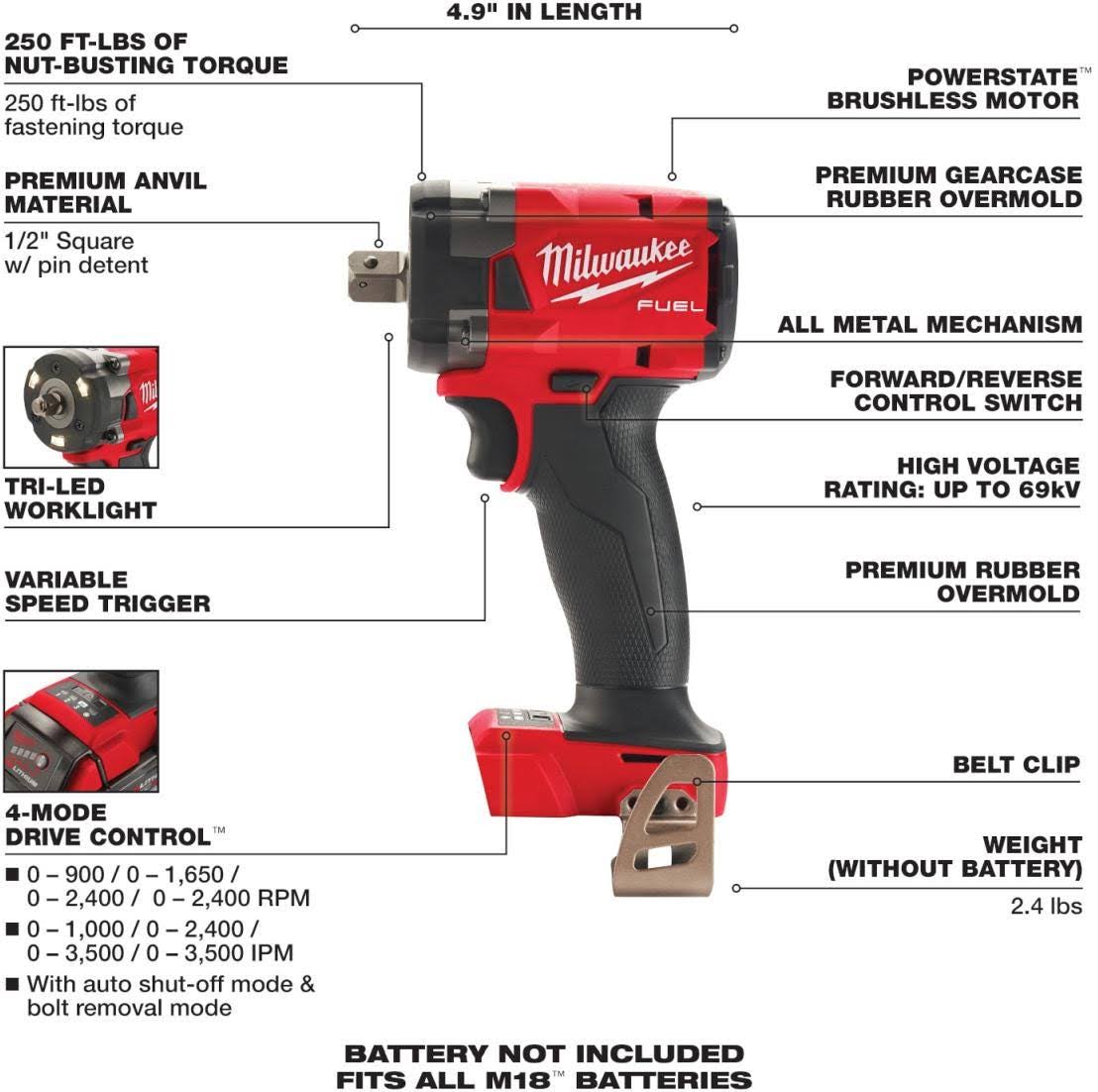 Milwaukee 2855P20 M18 Fuel 1/2x22 Compact Impact Wrench w/ Pin Detent