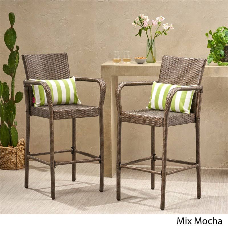 Noble House Delfina Outdoor Mix Mocha Wicker Barstool (Set of 2) CT03s