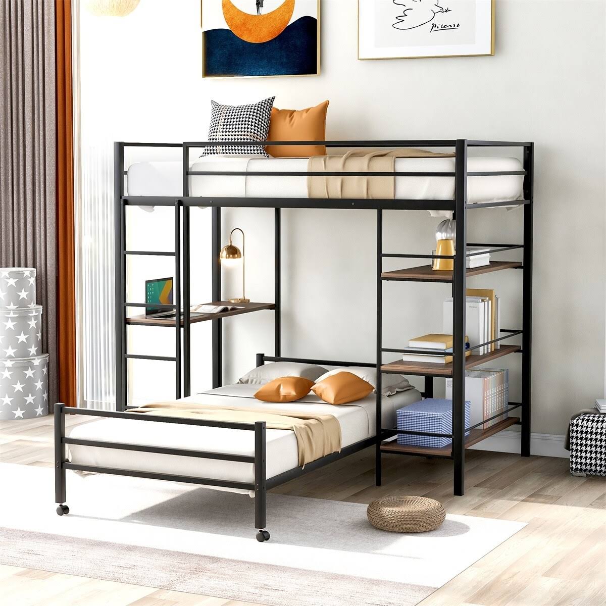 Merax Twin Over Twin Metal Bunk Bed with Shelves, Loft Bed Platform Bed ...