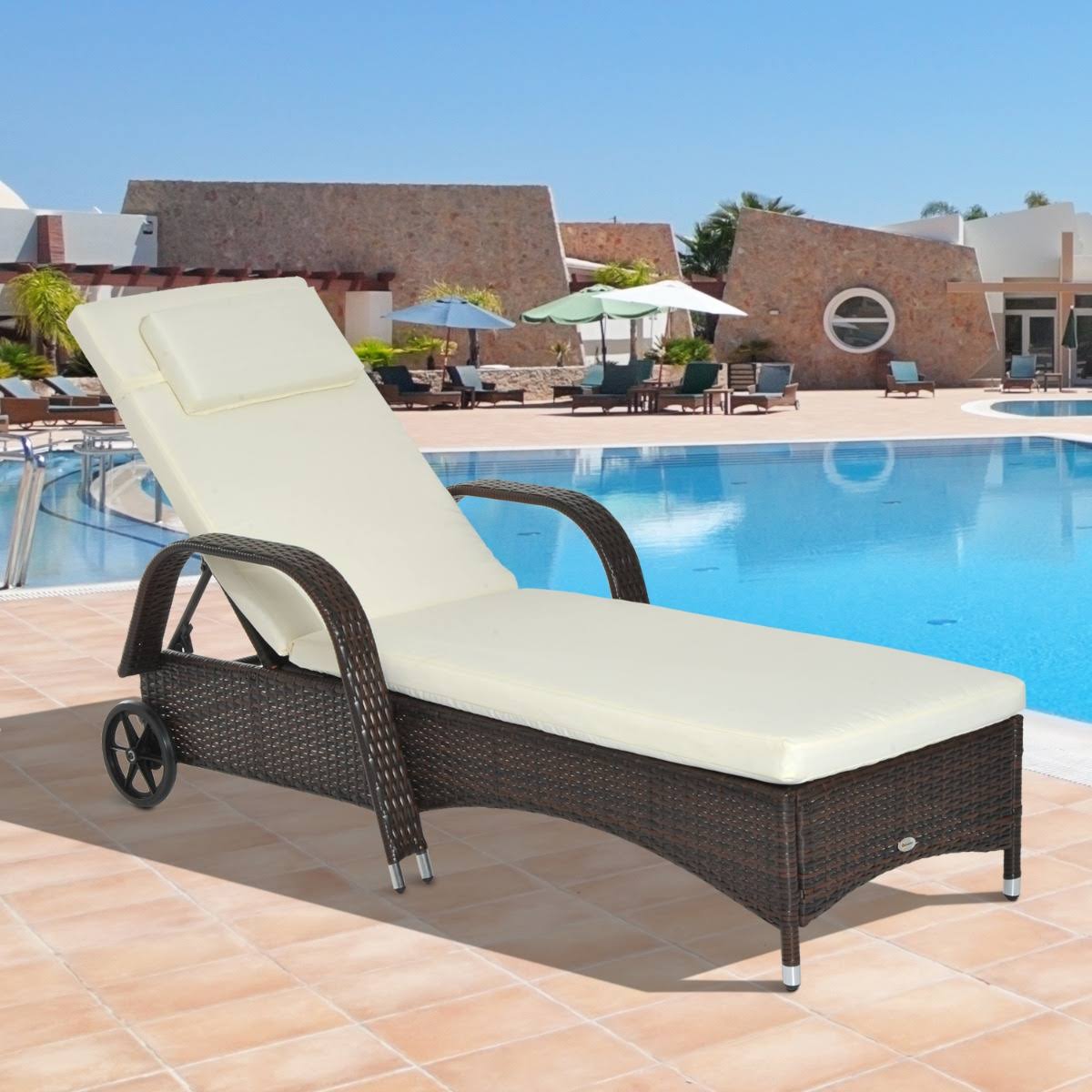 🔥Outsunny Outdoor Rattan Wicker Poolside Chaise Lounge Chair with