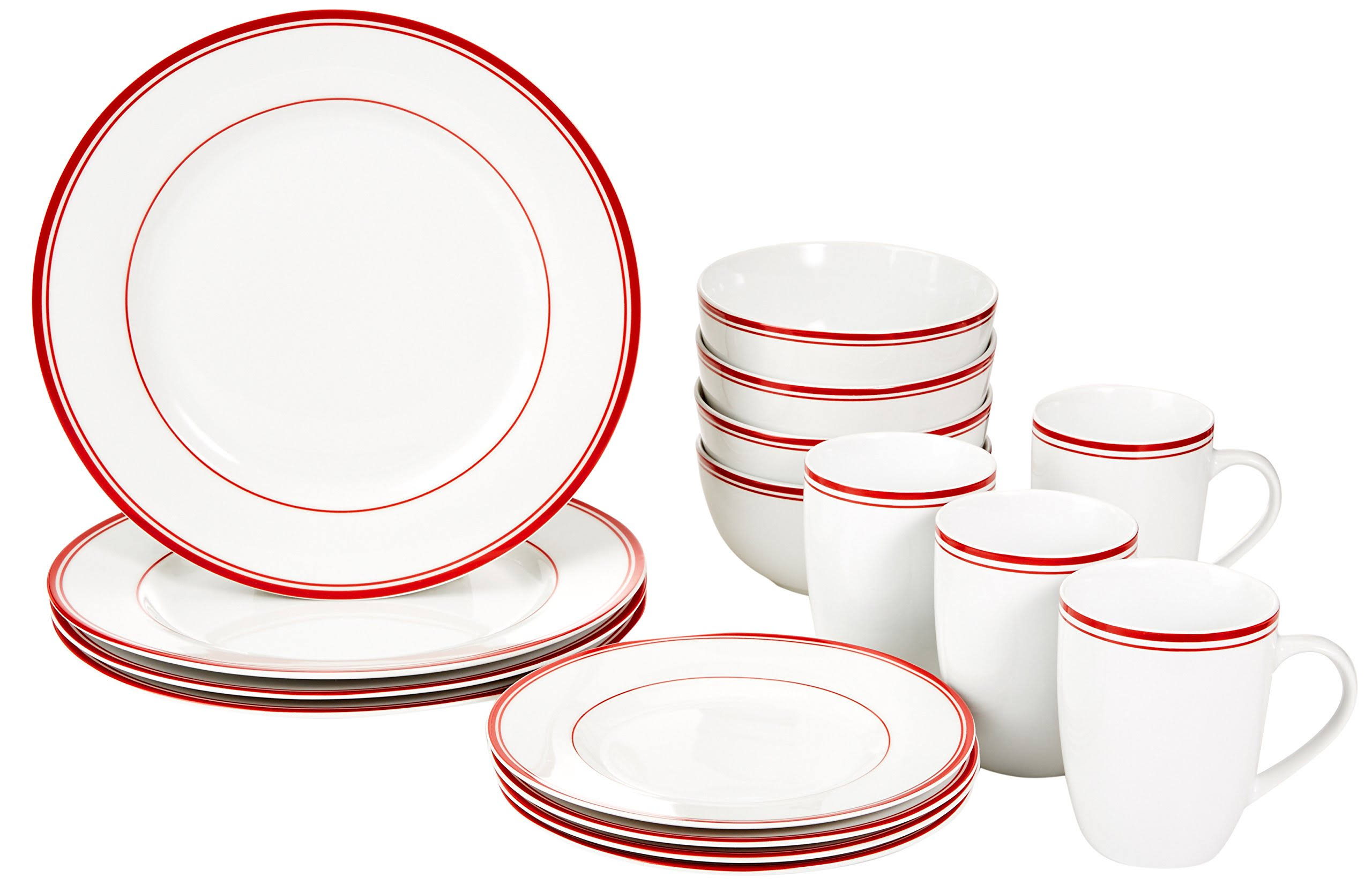 🔥AmazonBasics 16Piece Cafe Stripe Dinnerware Set Service for 4 Red CT03s