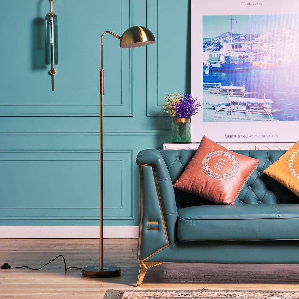 Merra 56 in. Antique Brass Arched Floor Lamp with Oak Wood Base - CT-03-s