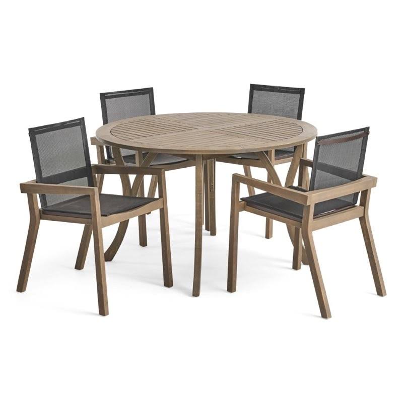 Noble House Lockett 5 Piece Outdoor Round Dining Set in Gray and Black