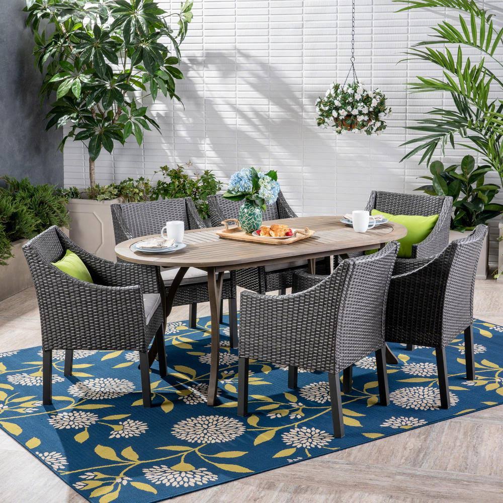🔥noble House Vermont Gray 7 Piece Wood And Wicker Outdoor Dining Set With Gray Cushions Ct 03 S