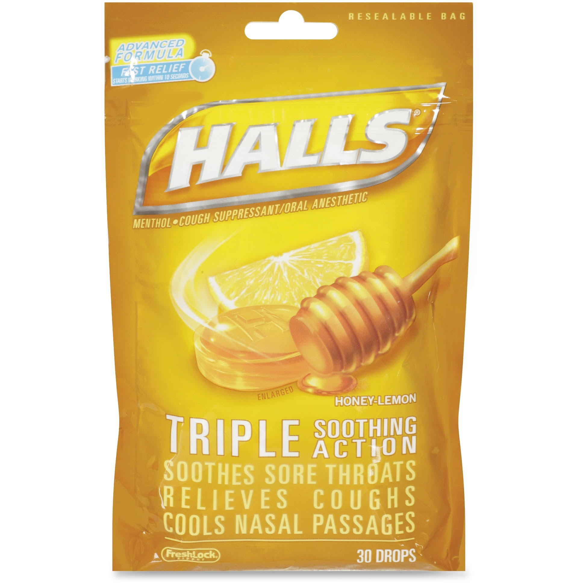 🔥Halls Cough Suppressant/Oral Anesthetic, Menthol, Honey Lemon Flavor 12 30 drop bags CT03s
