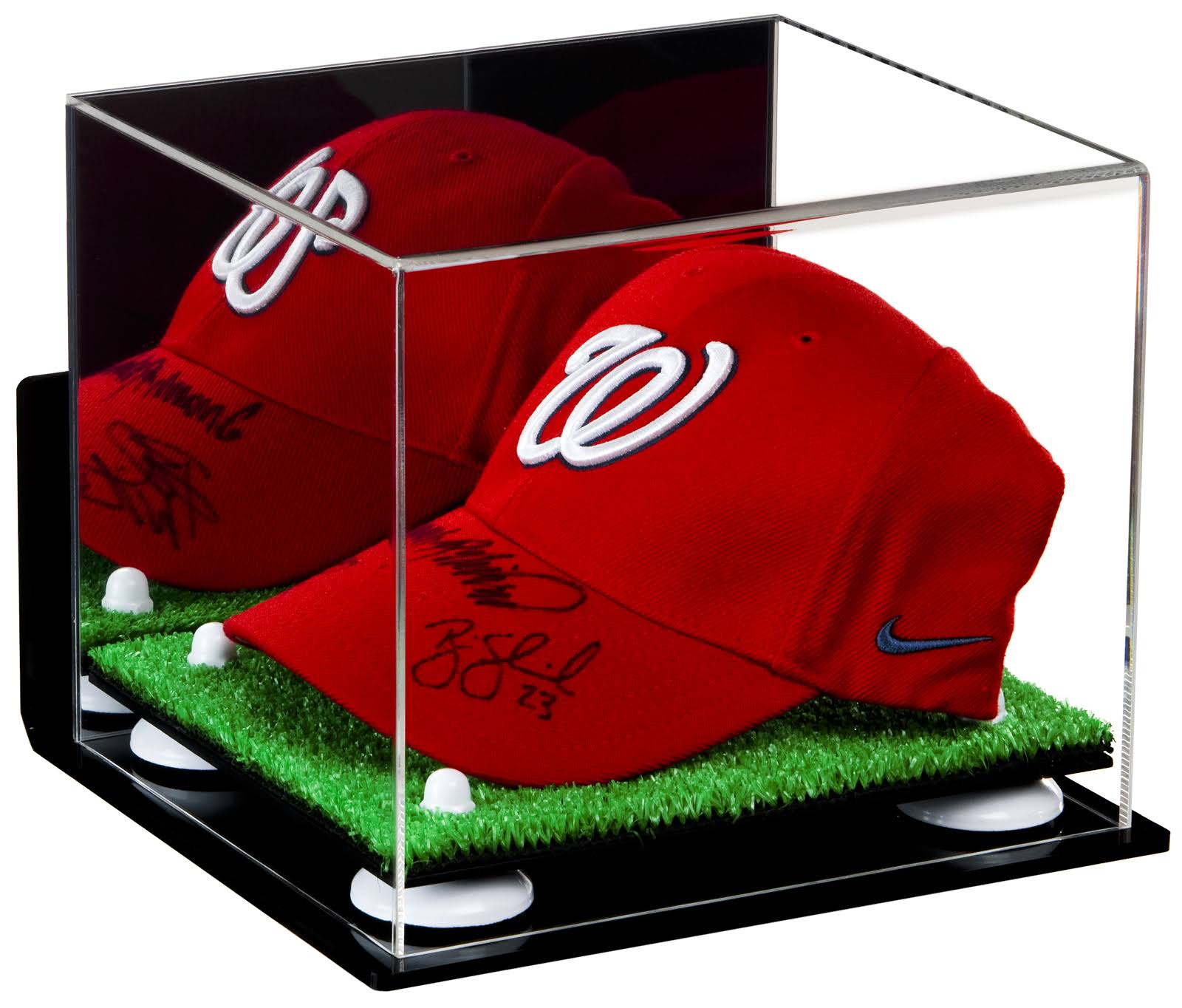 Deluxe Acrylic Baseball Cap Display Case White Risers, Mirror, Turf