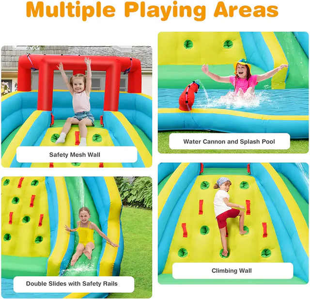 Without Blower Large Splash Pool HONEY JOY Inflatable Water Slide Hippo Themed Kids Jumping Bouncer Castle w/Climbing Wall & Long Slides Outdoor Blow up Water Park for Backyard Water Cannons 
