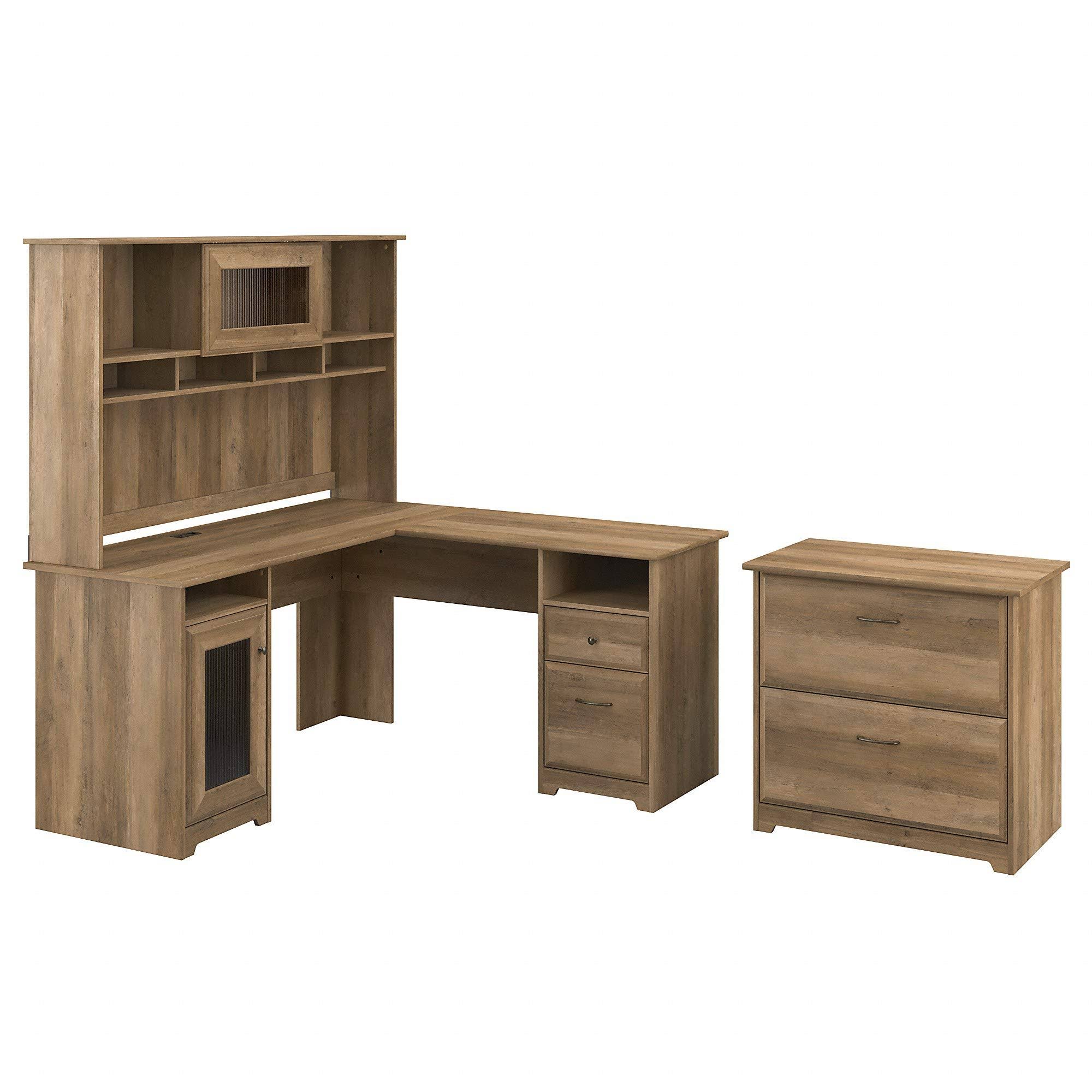 Cabot W L Shaped Computer Desk With Hutch And Lateral File Cabinet Reclaimed Pine Bush