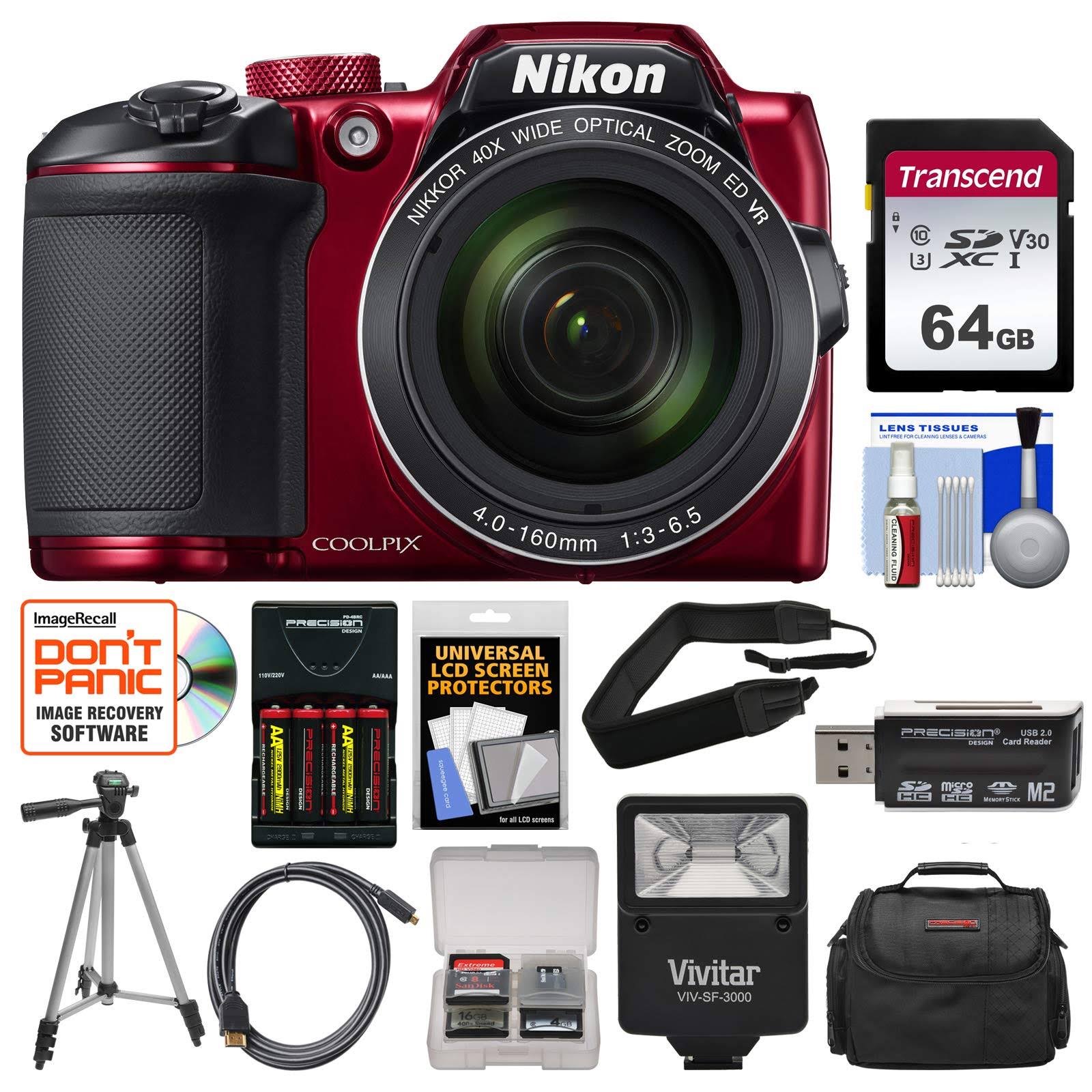 Nikon Coolpix B500 WiFi Digital Camera (Red) with 64GB Card + Case