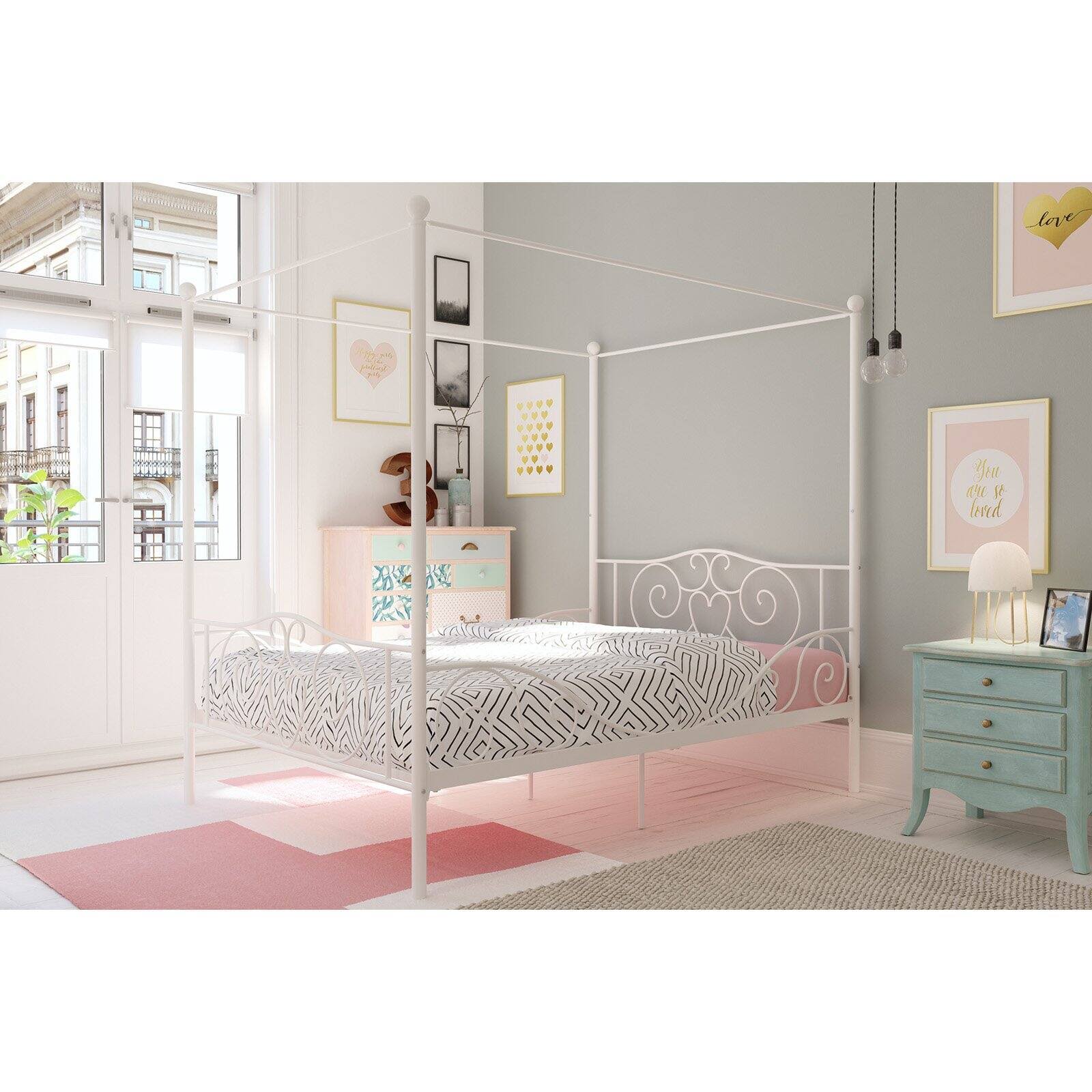 Dhp Canopy Metal Bed, Full Size Frame, White Hrazda