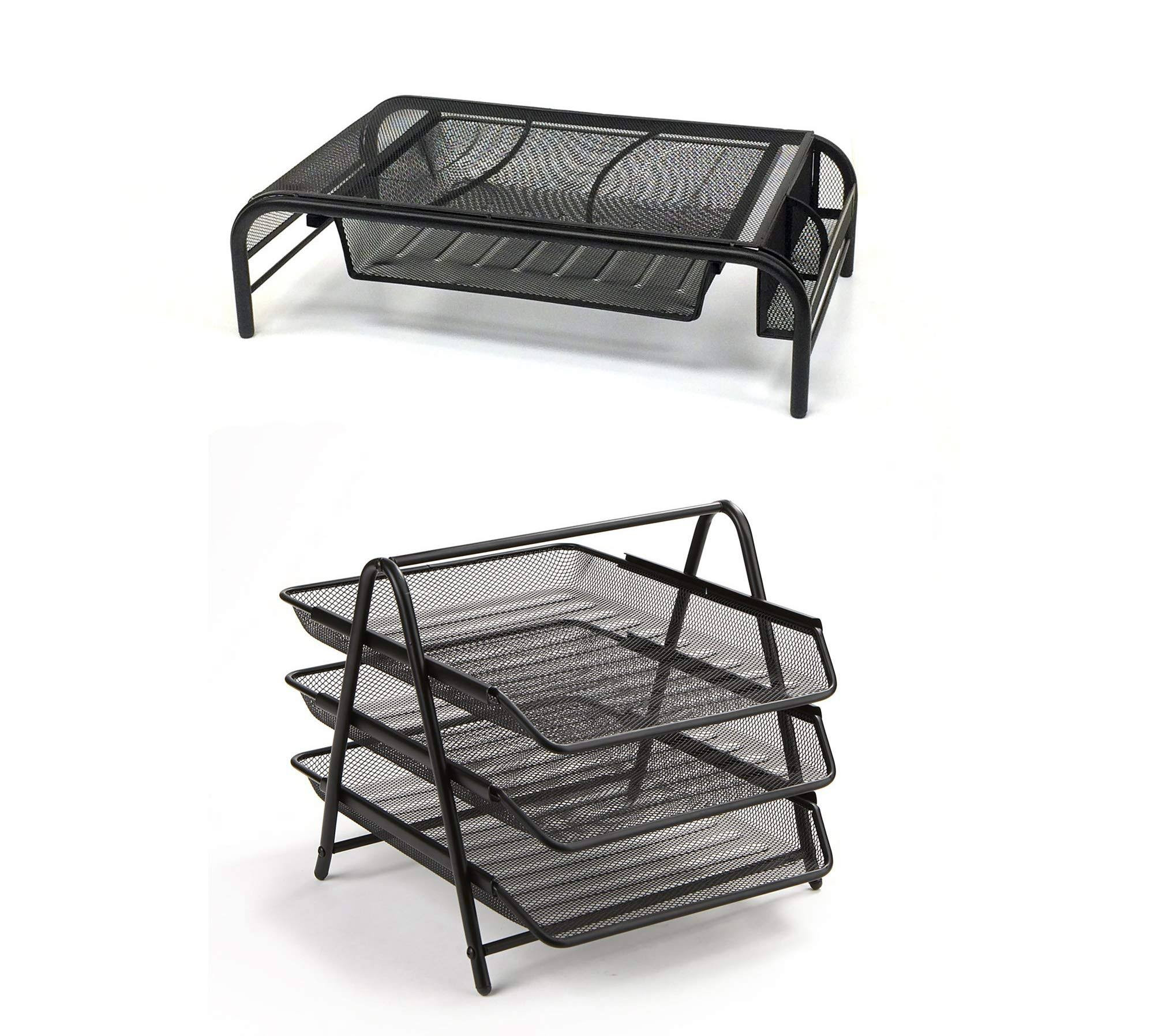 Mind Reader Metal Mesh Monitor Stand with 3Tier Desk Organizer, Black