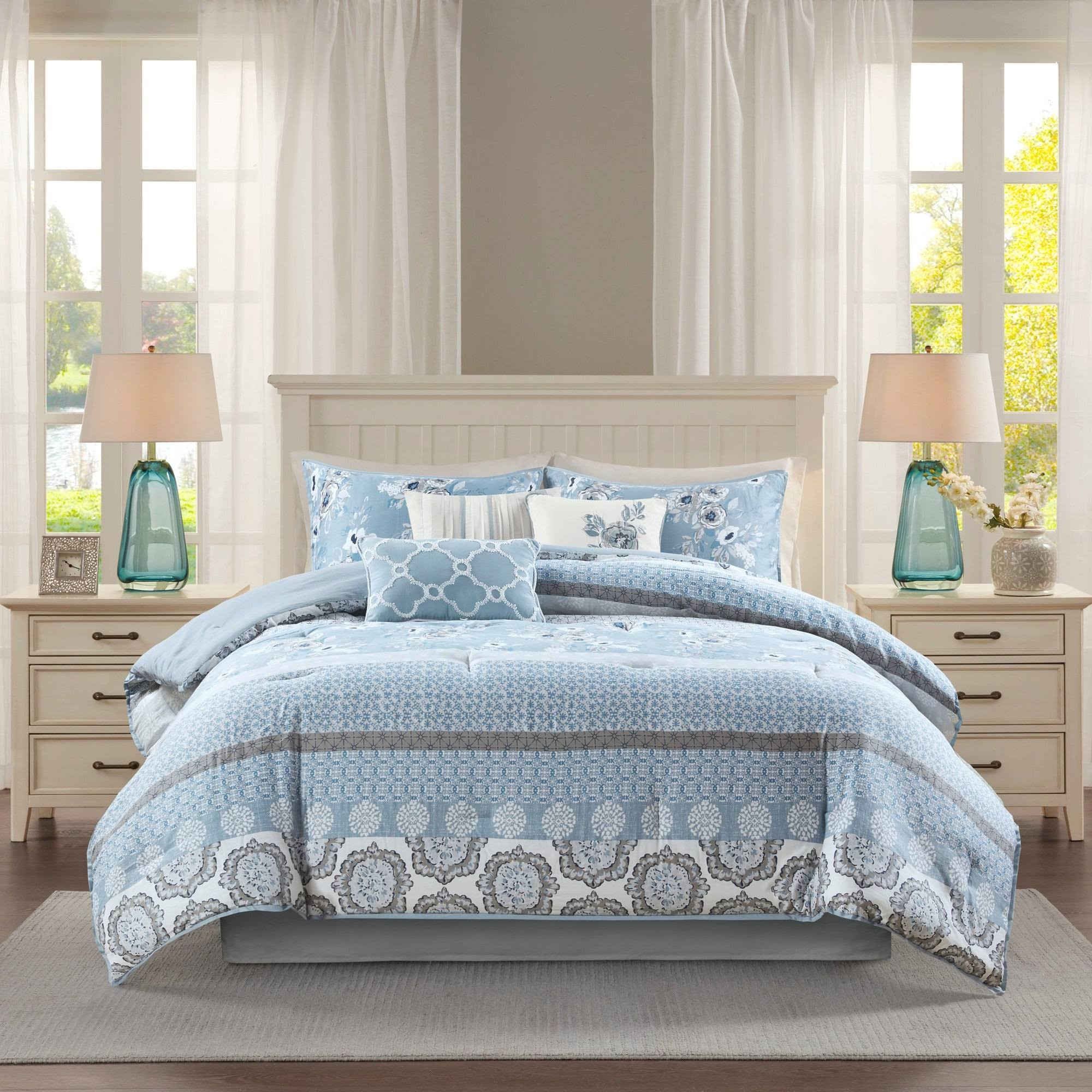 Madison Park Felicity 7 Piece Cotton Printed Comforter Set - Blue ...