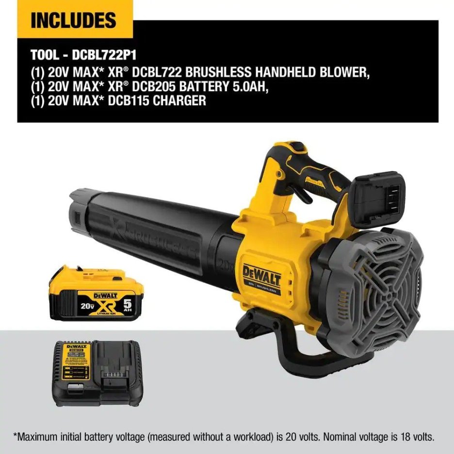 DEWALT 125 MPH 450 CFM 20V MAX Lithium-Ion Cordless Brushless Blower with (1) 5.0Ah Battery and Charger Included