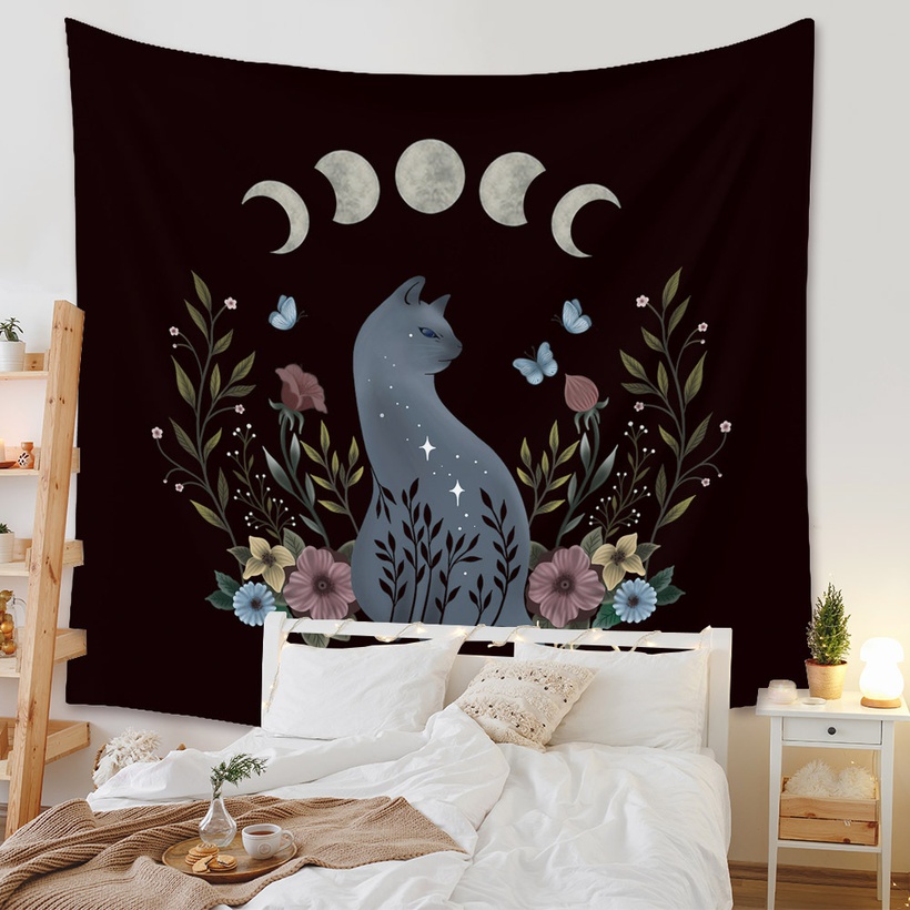 Retro Flower Moon Cat Tapestry Background Wall Decoration
