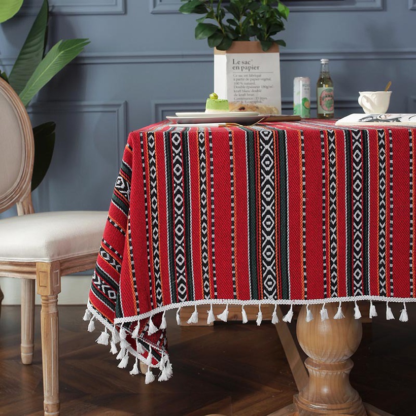 Bohemian Yarndyed Jacquard Red Sliver Tassel Tablecloth Home Coffee Table Cover Towel