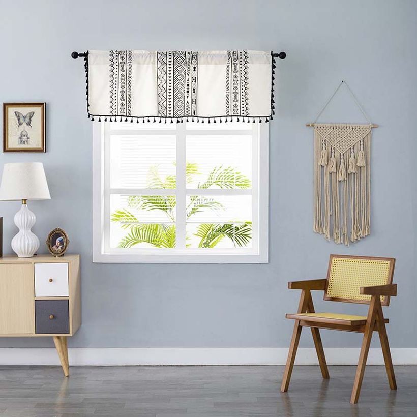 Bohemian Crown Black Geometric Printing Tassel Curtain Semitransparent Curtain