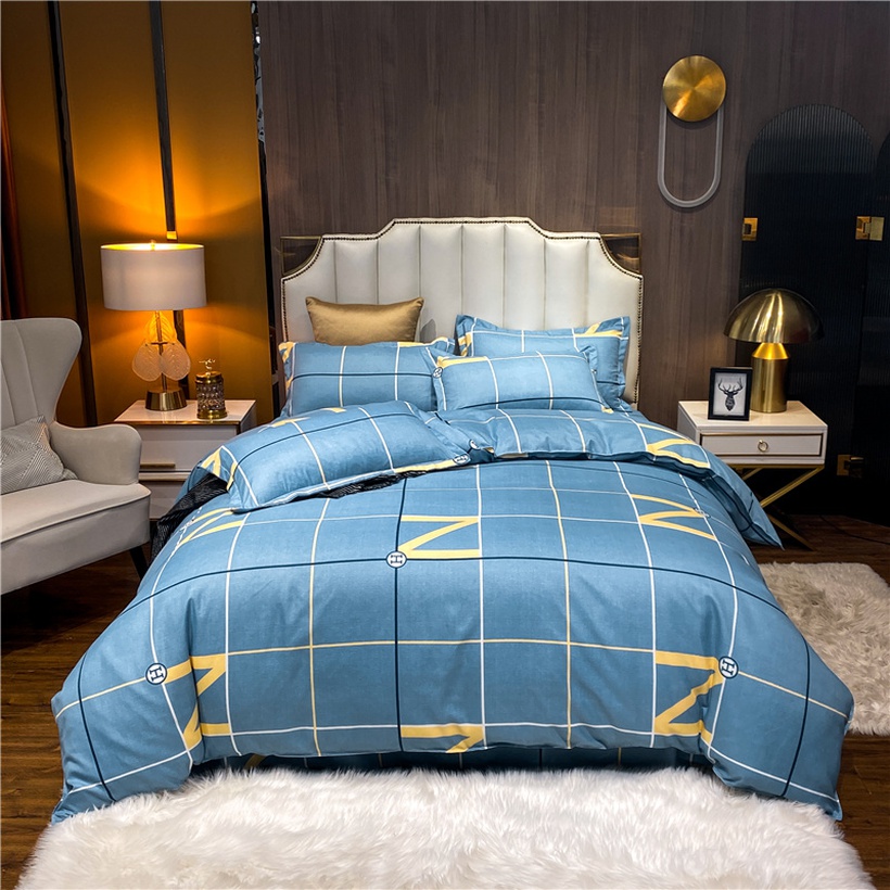 Plaid Letter Printed Brushed Blue Bedding Set