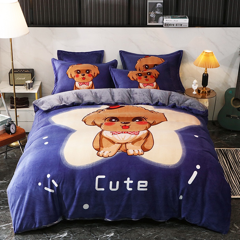 New Style Fleece Crystal Velvet Cartoon Dog Thickened Doublesided Milk Velvet Sheet Bedding Set