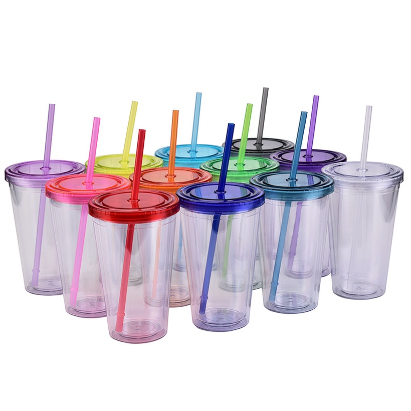 Doublelayer Plastic Straw Cup With Lid 16oz Straight Cup Water Cup