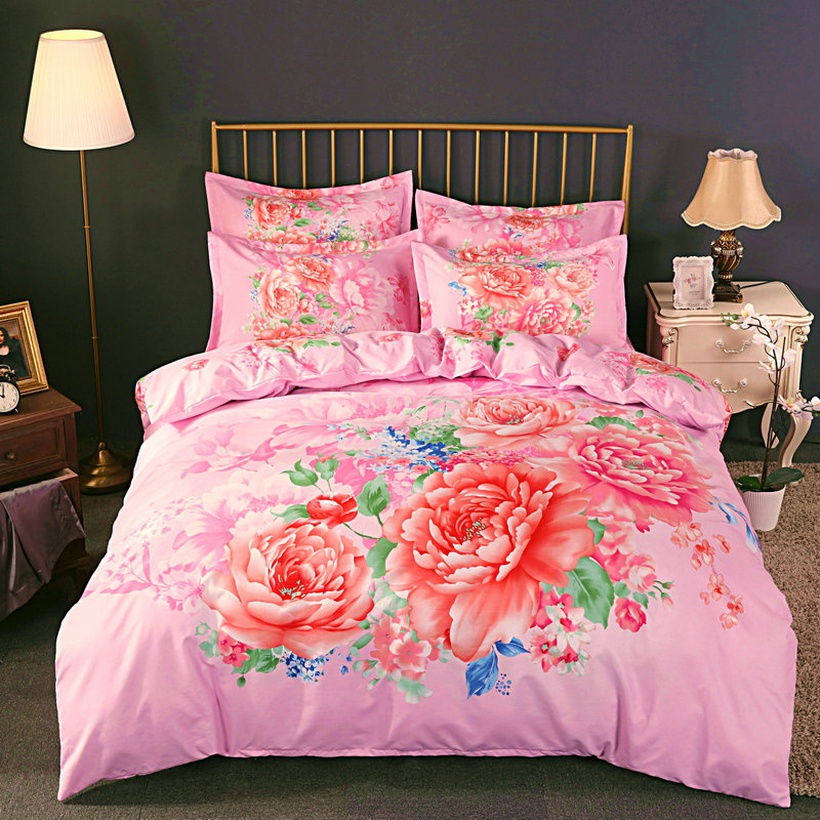 Pink Lotus Printing Brushed Bedding Fourpiece Set