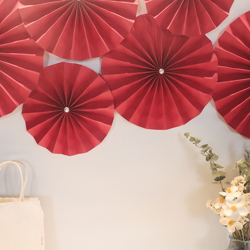 White Pearl Red Paper Flower Fan Wedding Room Background Wall Decoration