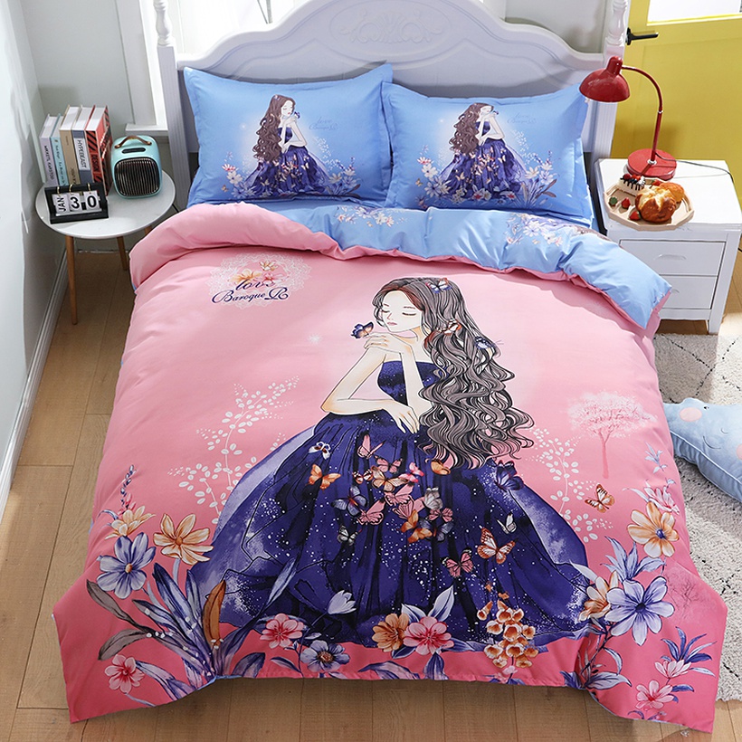 Cartoon Princess Pattern Printing Pink Bedding Fourpiece Set