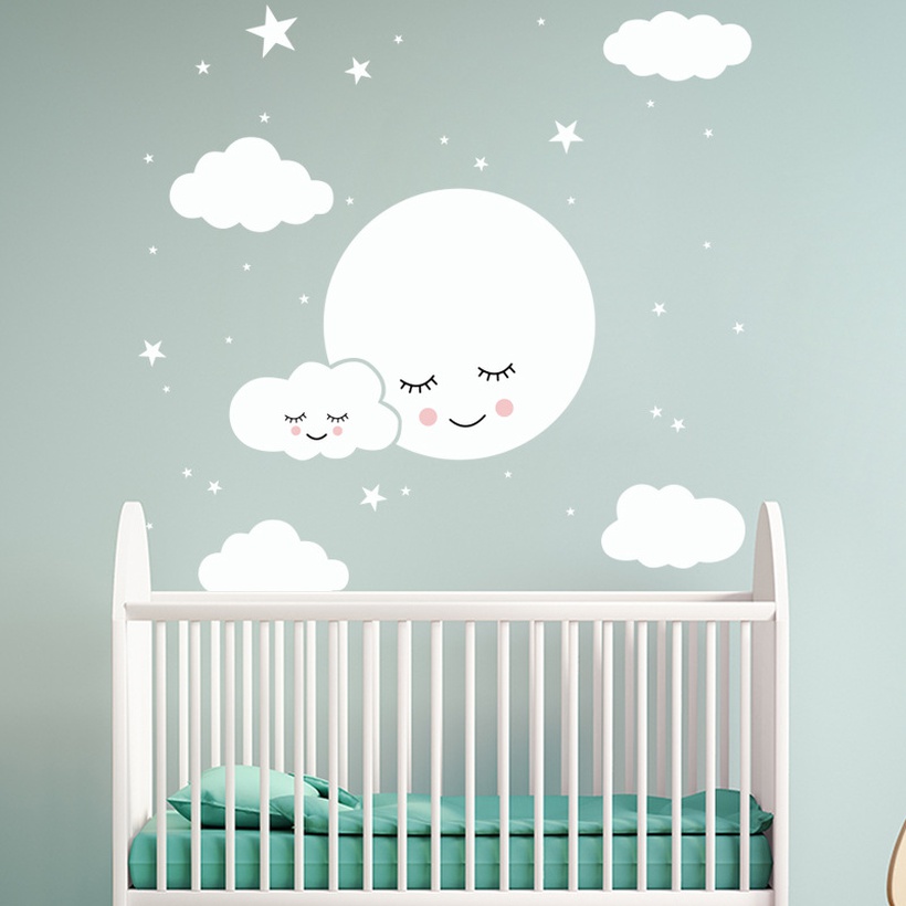 Smiley Face Stars White Clouds Cartoon Wall Stickers Childrens Room Decoration