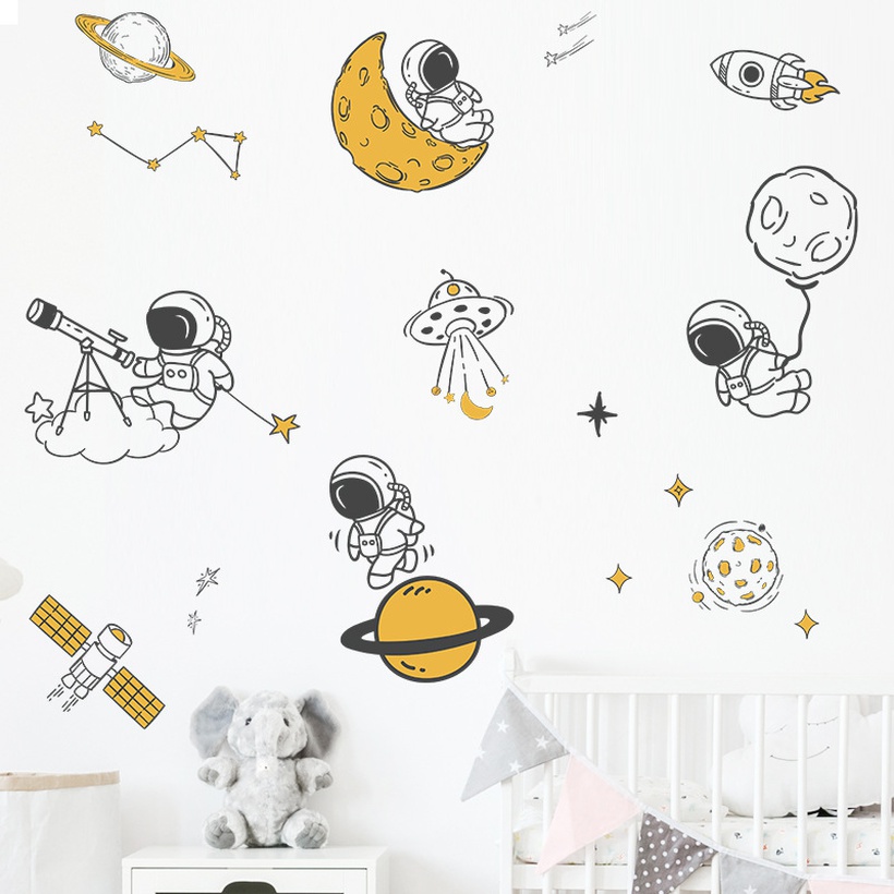 Cartoon Universe Planet Astronaut Telescope Wall Stickers