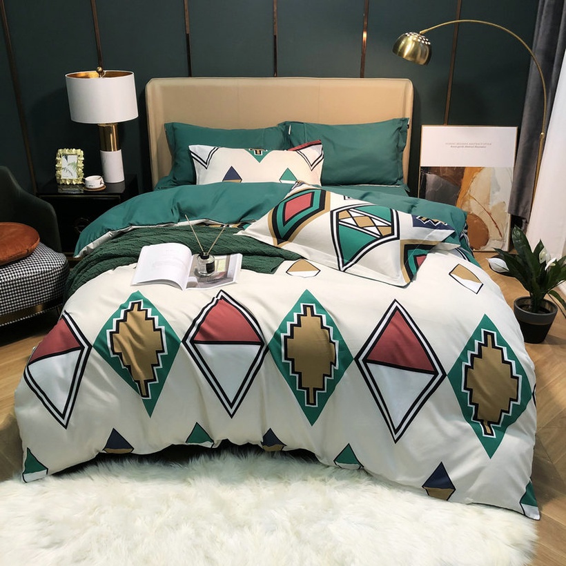 Contrast Color Geometric Rhombus Pattern Printing Brushed Bedding Fourpiece Set