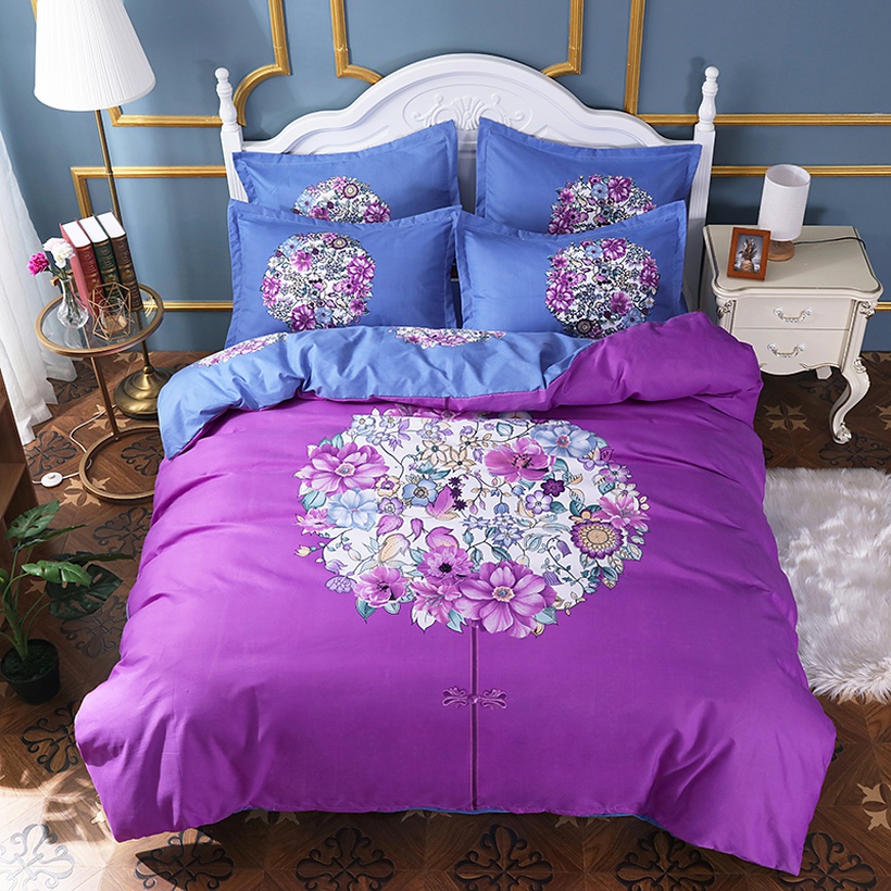 Purple Flower Cluster Printing Brushed Bedding Fourpiece Set