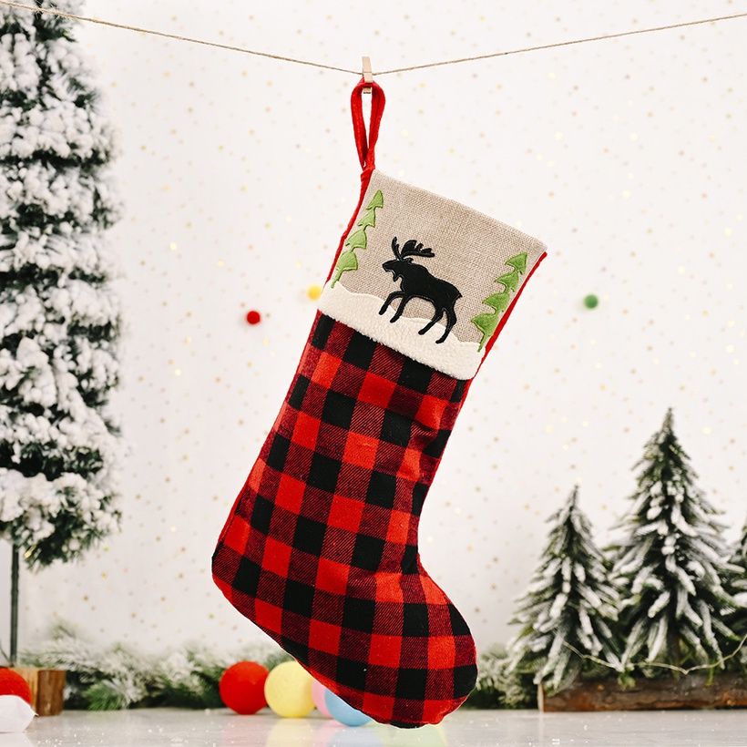 Christmas Decoration Red And Black Plaid Elk Stocking