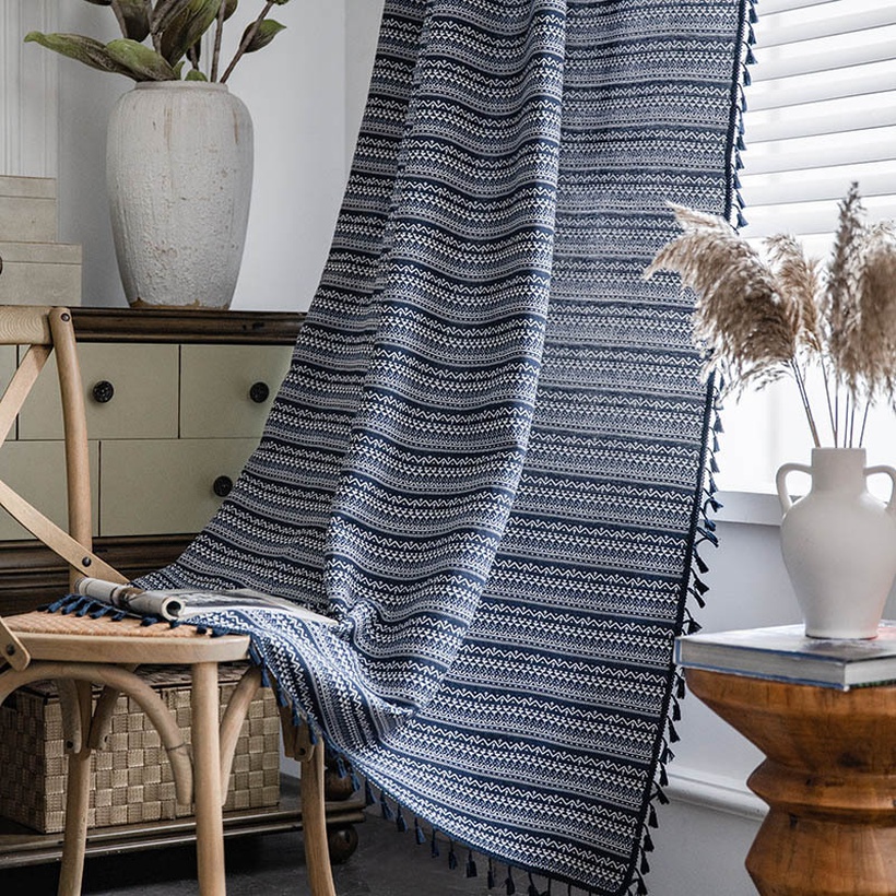 Bohemian Yarndyed Jacquard Blue Geometric Tassel Semishading Curtain