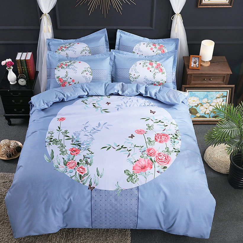 Flower Plaid Printing Brushed Bedding Fourpiece Set