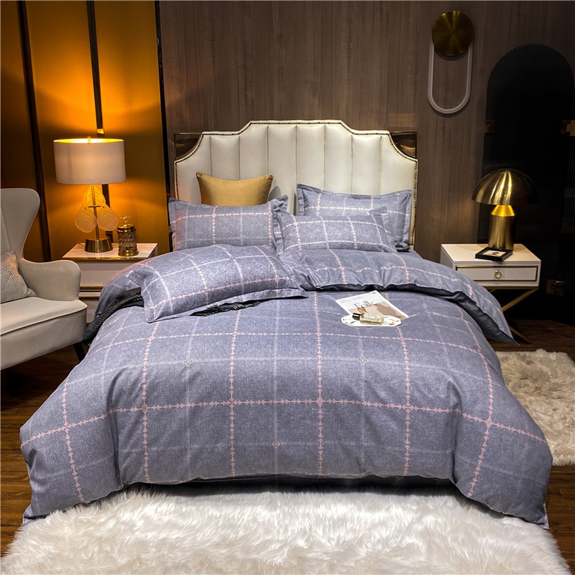 Plaid Printed Brushed Purplish Blue Bedclothes Set