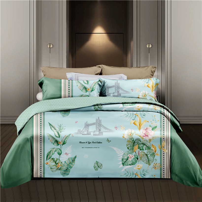 Plant Leaves Flower Printing Green Bedding Fourpiece Set
