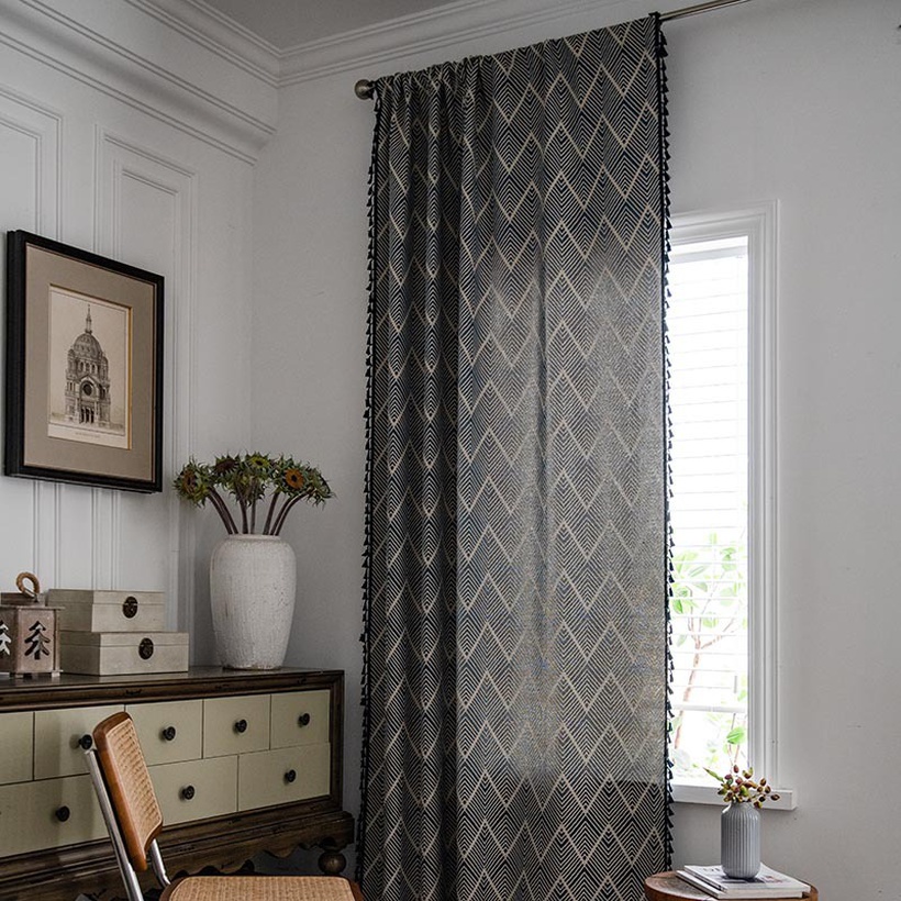 American Wave Knitted Jacquard Navy Blue Tassel Cabinet Curtain Semishading Bedroom Curtain