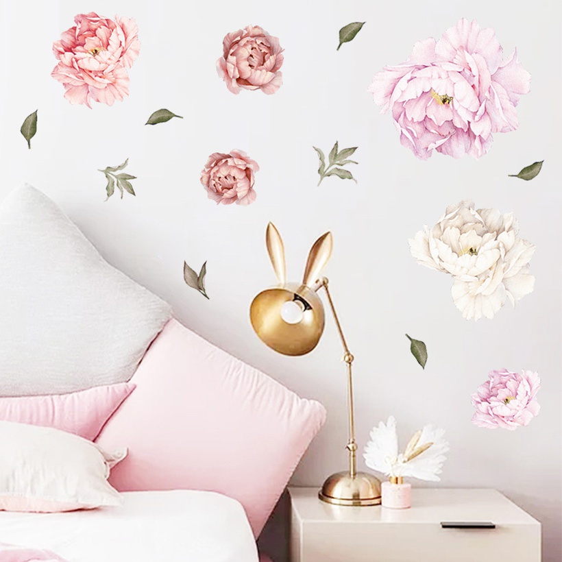 Fashion Pink Peony Flower Branch Bedroom Wall Sticker
