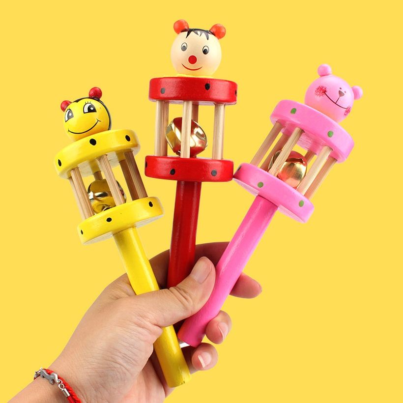 Baby Toys Wooden Rattle Middle Bell Cartoon Puppet Rattle Baby Toys