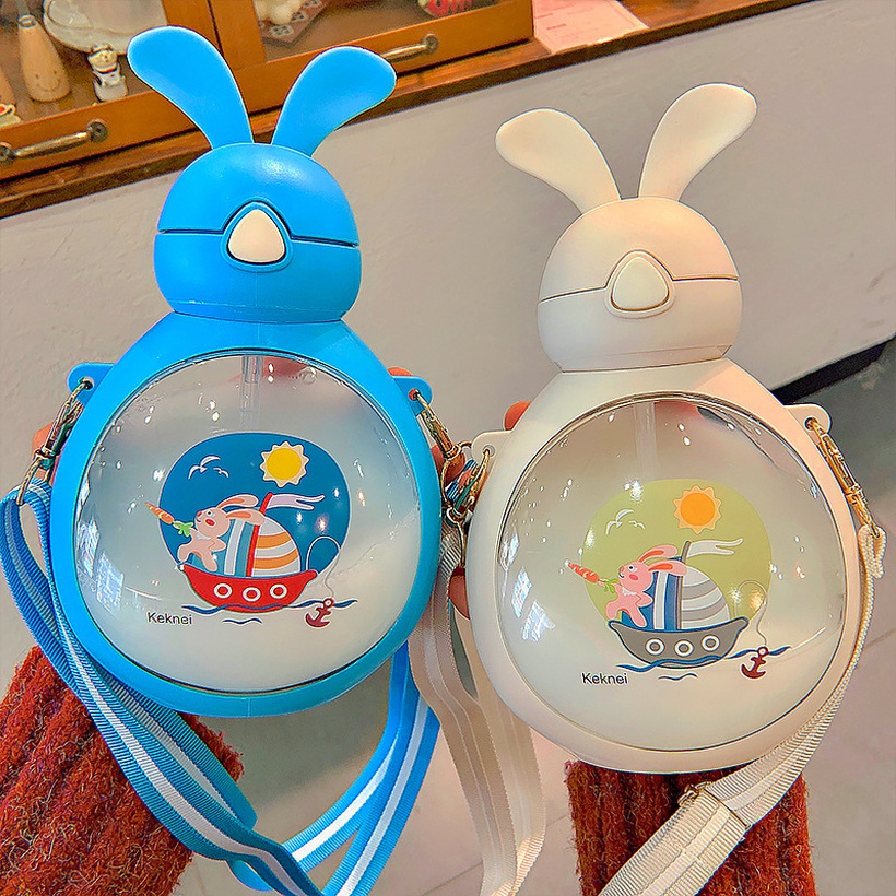 Childrens Straw Cup Summer Diagonal Strap Campus Cute Rabbit Drinking Cup Adult Water Bottle