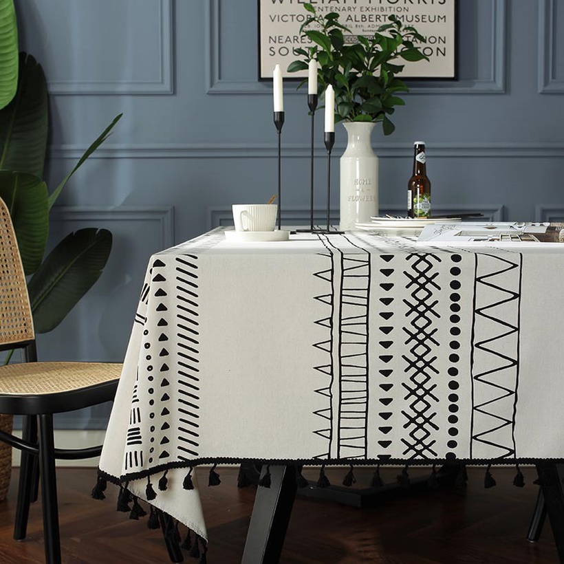 Bohemian Black Geometric Printing Black Tassel Rectangular Table Cloth Western Table Coffee Table Cover Cloth